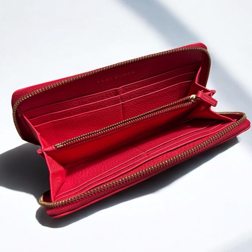 Tory Burch Red Zip-Around Pebbled Leather Wallet GUC - Picture 5 of 9